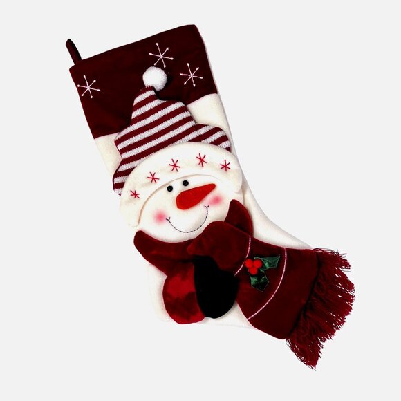 Christmas Snowman Holiday Stocking Red White Pom-pom Knit Hat Scarf 3D Puffy - Picture 2 of 8